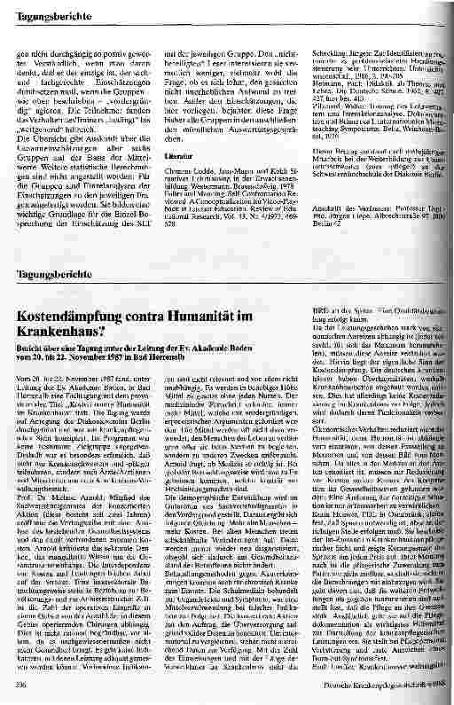 Vorschauseite 1: Kostendämpfung contra Humanität im Krankenhaus Bericht über eine Tagung unter der Leitung der Ev.Akademie Baden 20-22.11.1987