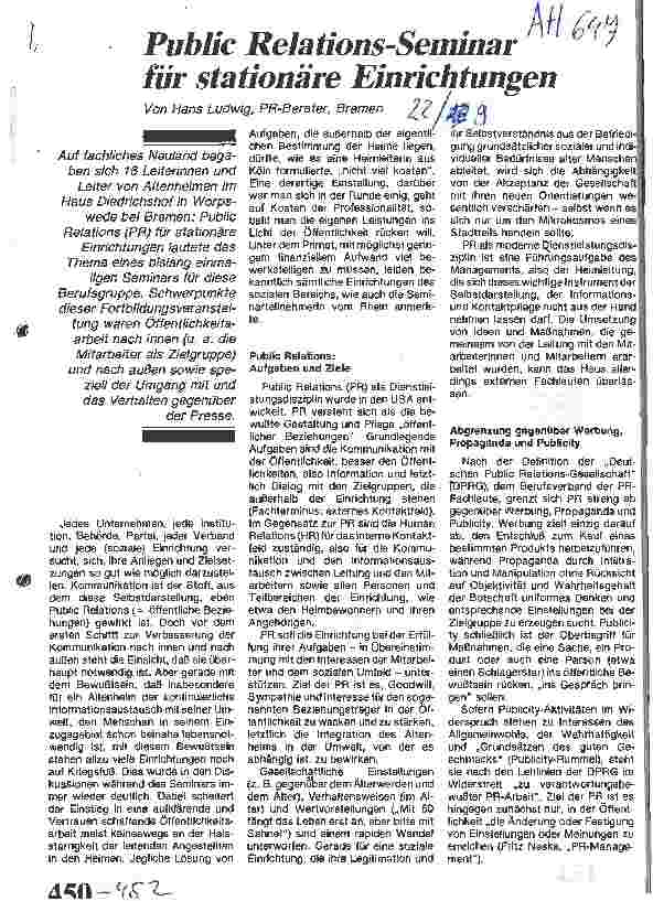 Vorschauseite 1: Public Relations-Seminar für stationäre Einrichtungen