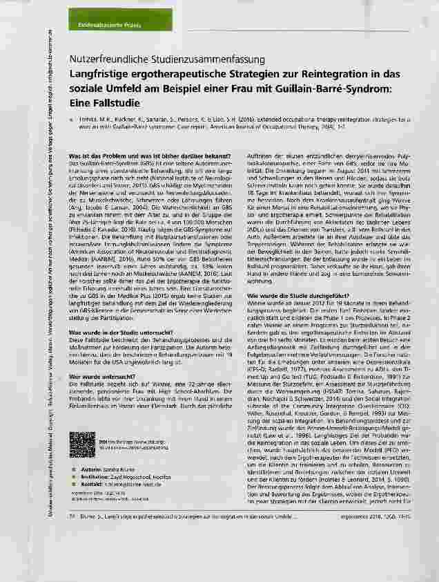 Vorschauseite 1: Langfristige ergotherapeutische Strategien zur Reintegration in das soziale Umfeld am Beispiel einer Frau mit Guillain-Barre-Syndrom: Eine Fallstudie