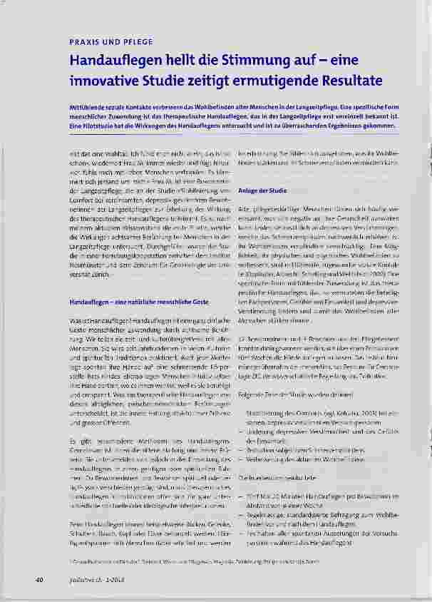 Vorschauseite 1: Handauflegen hellt die Stimmung auf eine innovative Studie zeitigt ermutigende Resultate