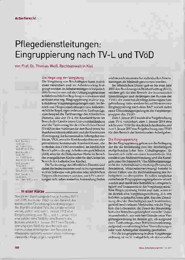Vorschauseite 1: Pflegedienstleitungen: Eingruppierung nach TV-L und TVöD
