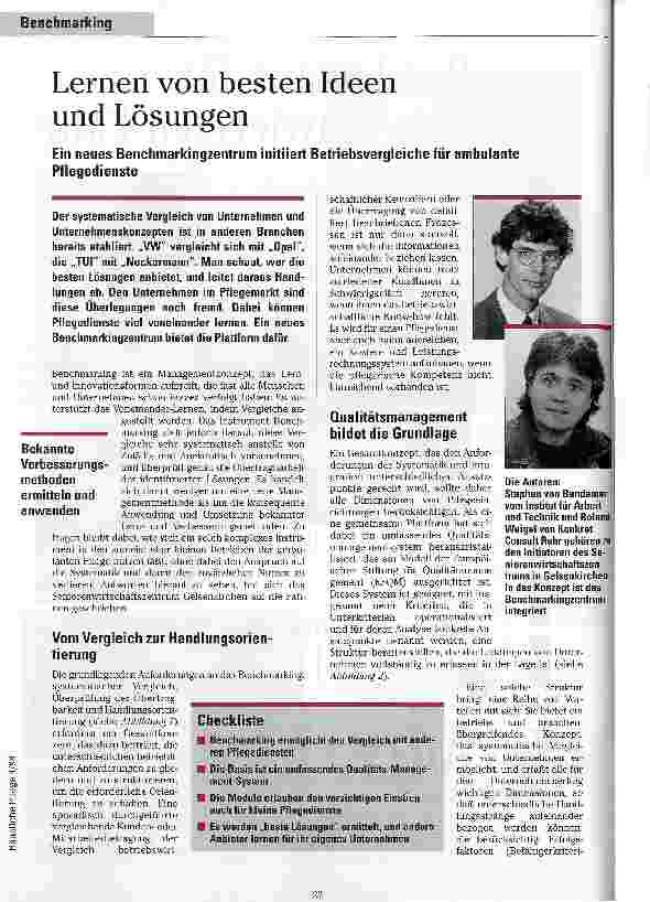 Vorschauseite 1: Lernen von besten Ideen und Lösungen Ein neues Benchmarkingzentrum initiiert Betriebsvergleiche für ambulante Pflegedienste