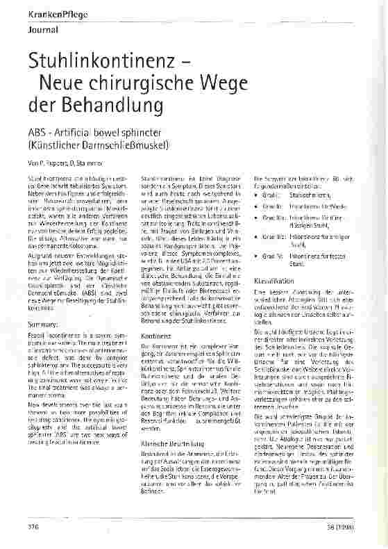 Vorschauseite 1: Stuhlinkontinenz - Neue chirurgische Wege der Behandlung ABS - (Künstlicher Darmschließmuskel)