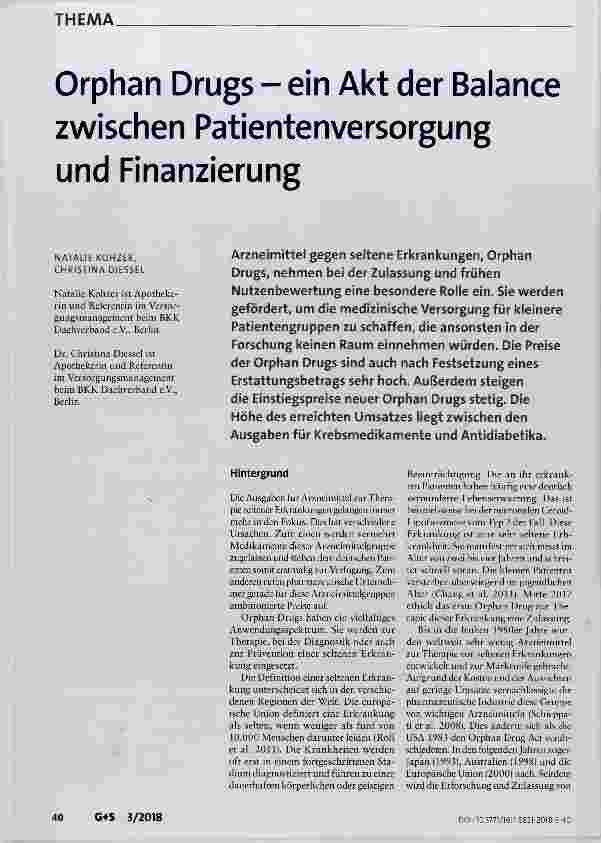 Vorschauseite 1: Orphan Drugs - ein Akt der Balance zwischen Patientenversorgung und Finanzierung