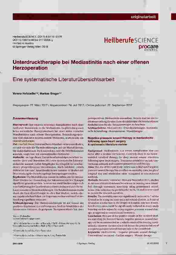 Vorschauseite 1: Unterdrucktherapie bei Mediastinitis nach einer offenen Herzoperation Eine systematische Literaturübersichtsarbeit