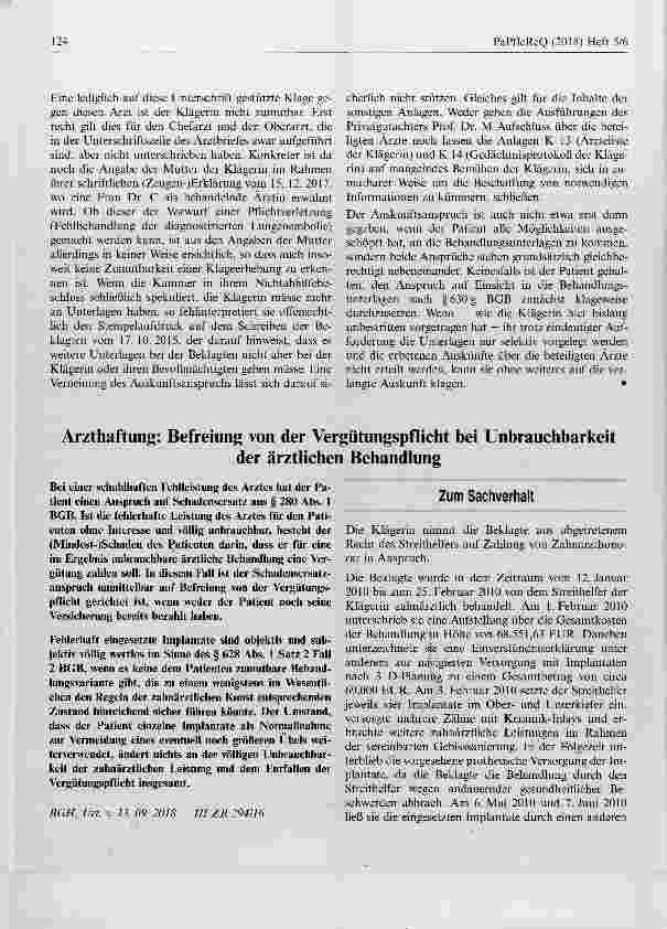 Vorschauseite 1: Arzthaftung: Befreiung von der Vergütungspflicht bei Unbrauchbarkeitder ärztlichen Behandlung