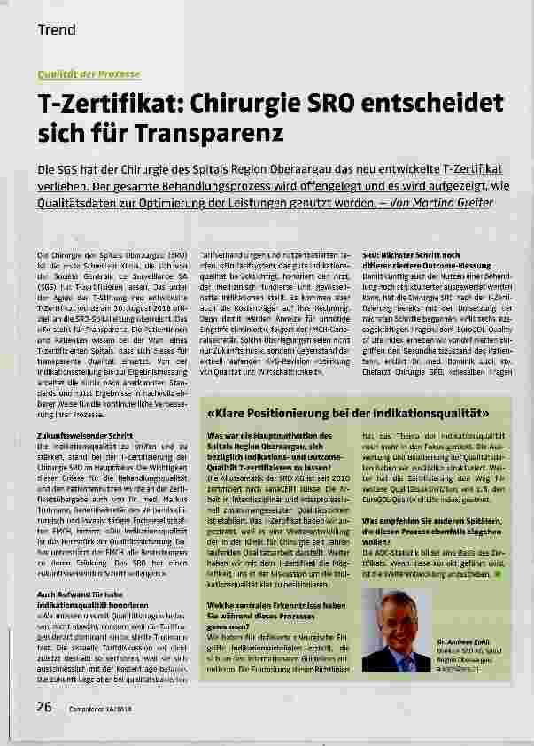 Vorschauseite 1: T-Zertifikat: Chirurgie SRO entscheidet sich für Transparenz