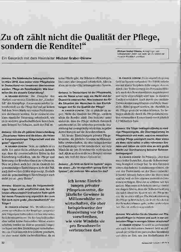Vorschauseite 1: Zu oft zählt nicht die Qualität der Pflege, sondern die Rendite!