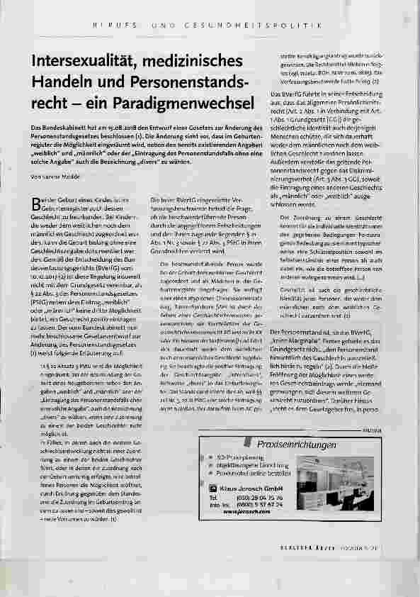 Vorschauseite 1: Intersexualität, medizinisches Handeln und Personenstandsrecht ein Paradigmenwechsel