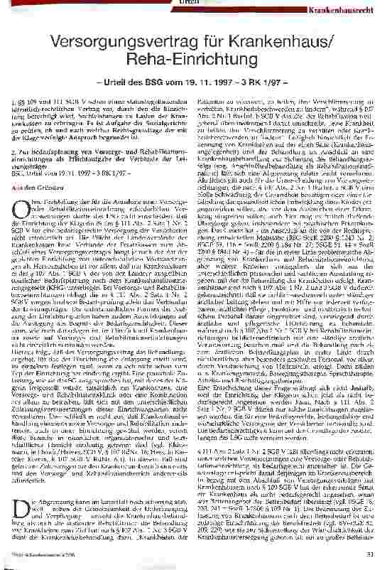Vorschauseite 1: Versorgungsvertrag für Krankenhaus/Reha-Einrichtung Urteil des BSG vom 19. 11. 1997 - 3 RK 1/97