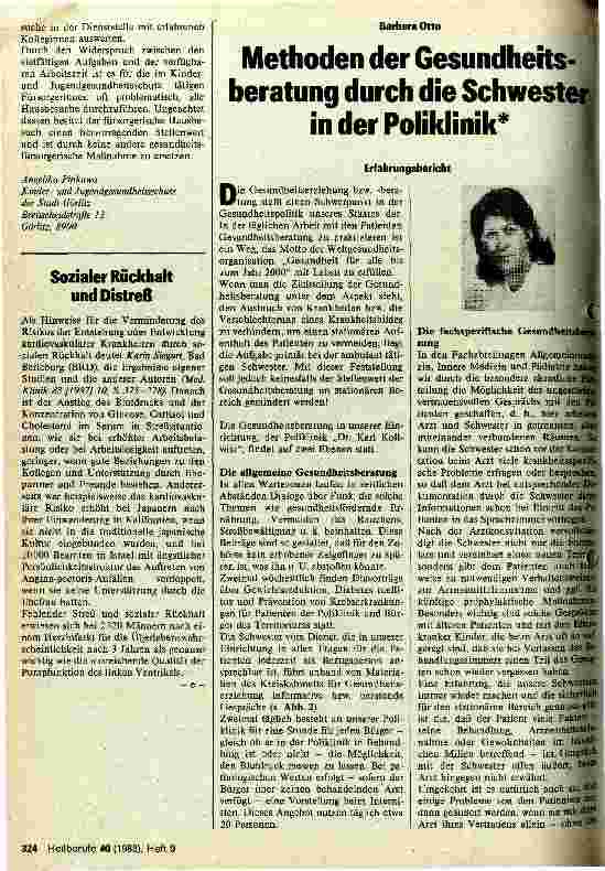 Vorschauseite 1: Methoden der Gesundheitsberatung durch die Schwester in der Poliklinik Erfahrungsbericht