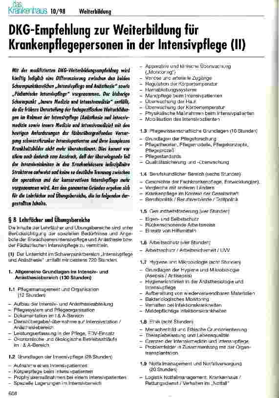 Vorschauseite 1: DKG-Empfehlung zur Weiterbildung für Krankenpflegepersonen in der Intensivpflege (II)