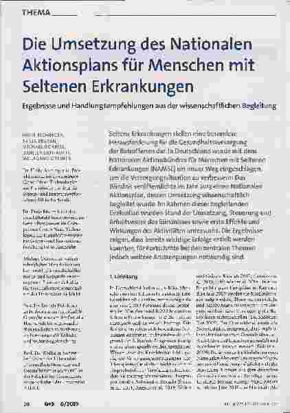 Vorschauseite 1: Die Umsetzung des Nationalen Aktionsplans für Menschen mit Seltenen Erkrankungen. Ergebnisse und Handlungsempfehlungen aus der wissenschaftlichen Begleitung