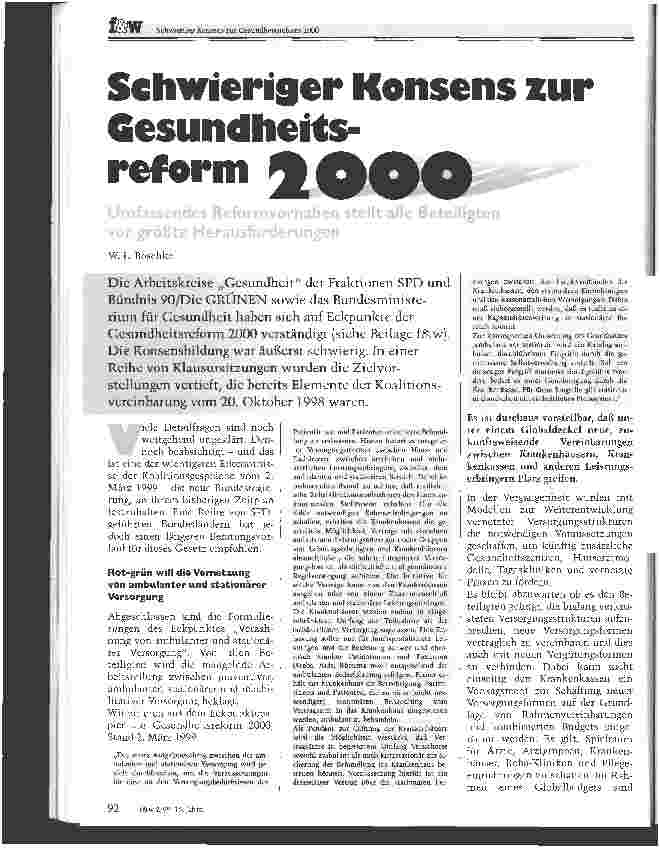 Vorschauseite 1: Schwieriger Konsens zur Gesundheitsreform 2000 Umfassendes Reformvorhaben stellt alle Beteiligten vor größte Herausforderungen