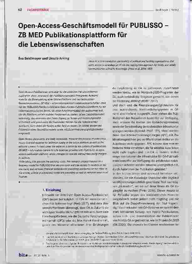 Vorschauseite 1: Open-Access-Geschäftsmodell für PUBLISSO ZB MED Publikationsplattform für die Lebenswissenschaften