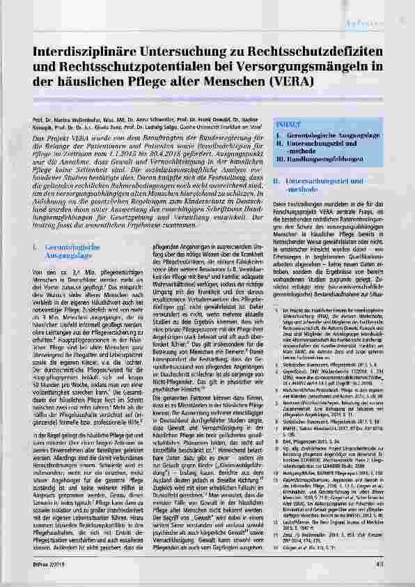 Vorschauseite 1: Interdisziplinäre Untersuchung zu Rechtsschutzdefiziten und Rechtsschutzpotentialen hei Versorgungsmängeln in der häuslichen Pfiege alter Menschen (VERA)