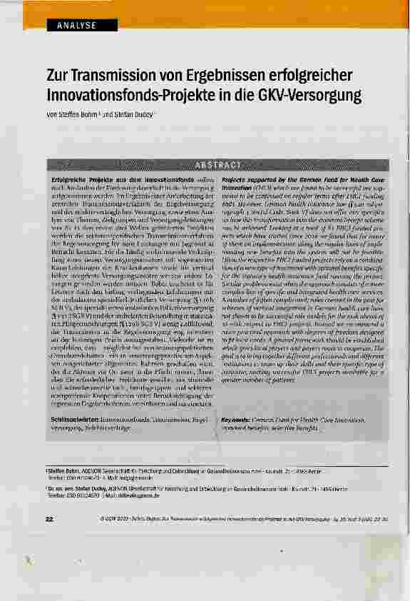 Vorschauseite 1: Zur Transmission von Ergebnissen erfolgreicher Innovationsfonds-Projekte in die GKV-Versorgung