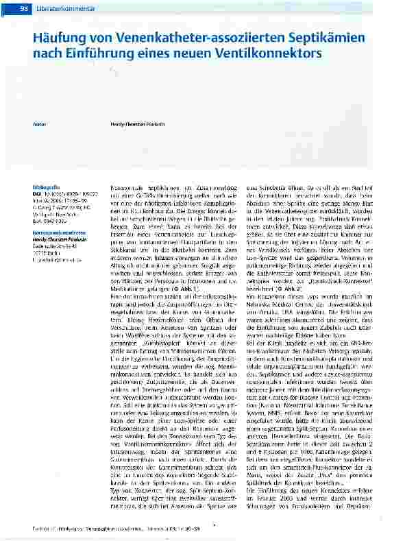 Vorschauseite 1: Häufung von Venenkatheter-assoziierten Septikämien nach Einführung eines neuen Ventilkonnektors