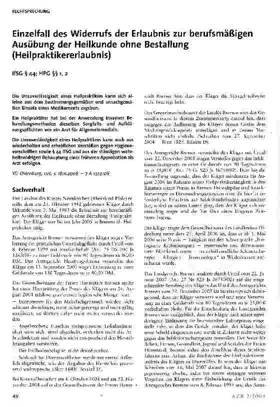Vorschauseite 1: Einzelfall des Widerrufs der Erlaubnis zur berufsmäßigen Ausübung der Heilkunde ohne Bestallung (Heilpraktikererlaubnis)