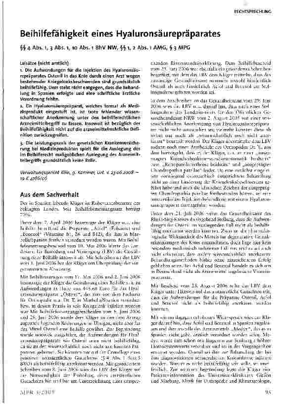 Vorschauseite 1: Beihilfefähigkeit eines Hyaluronsäurepräparates §§ 4 Abs. i, 3 Abs. i, io Abs. i BhV NW, §§ i, 2 Abs. l AAAG, § 3 MPG