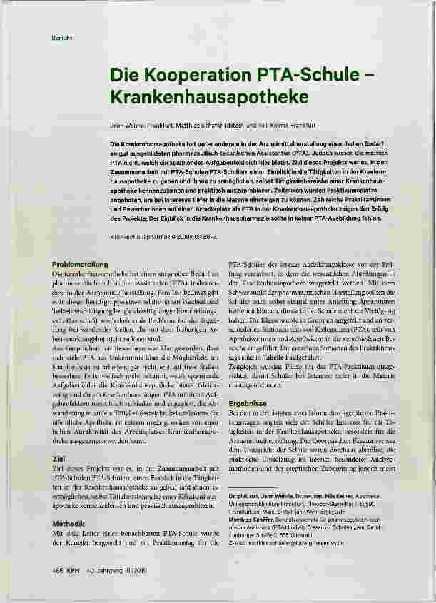 Vorschauseite 1: Die Kooperation PTA-Schule - Krankenhausapotheke