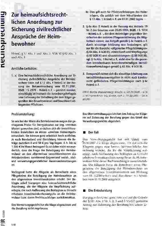 Vorschauseite 1: Zur heimaufsichtsrechtlichen Anordnung zur Sicherung zivilrechtlicher Ansprüche der Heimbewohner