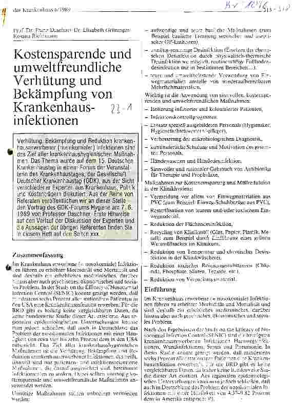 Vorschauseite 1: Kostensparende und umweltfreundliche Verhütung und Bekämpfung von Krankenhausinfektionen