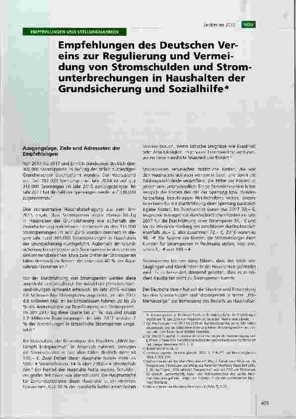 Vorschauseite 1: Empfehlungen des Deutschen Vereins zur Regulierung und Vermeidung von Stromschulden und Strom Unterbrechungen in Haushalten der Grundsicherung und Sozialhilfe
