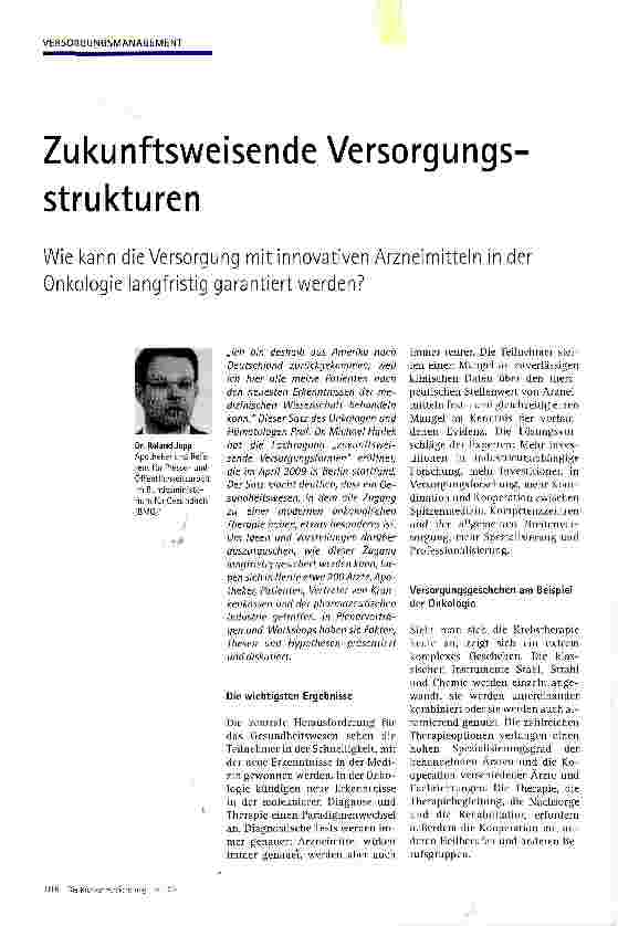 Vorschauseite 1: Zukunftsweisende VersorgungsstrukturenWie kann die Versorgung mit innovativen Arzneimitteln in der Onkologie langfristig garantiert werden?