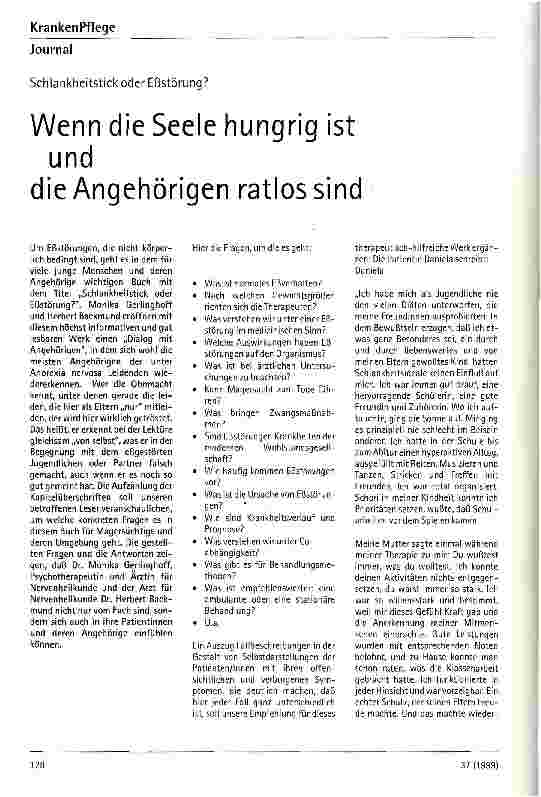 Vorschauseite 1: Wenn die Seele hungrig ist und die Angehörigen ratlos sind Schlankheitstick oder Eßstörung?