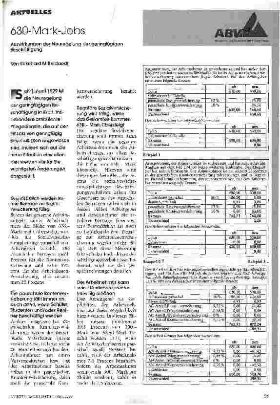 Vorschauseite 1: 630-Mark-Jobs Auswirkungen der Neuregelung der geringfügigen Beschäftigung