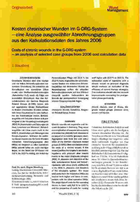 Vorschauseite 1: Kosten chronischer Wunden im G-DRG-System -eine Analyse ausgewählter Abrechnungsgruppen aus den Kalkulationsdaten des Jahres 2006