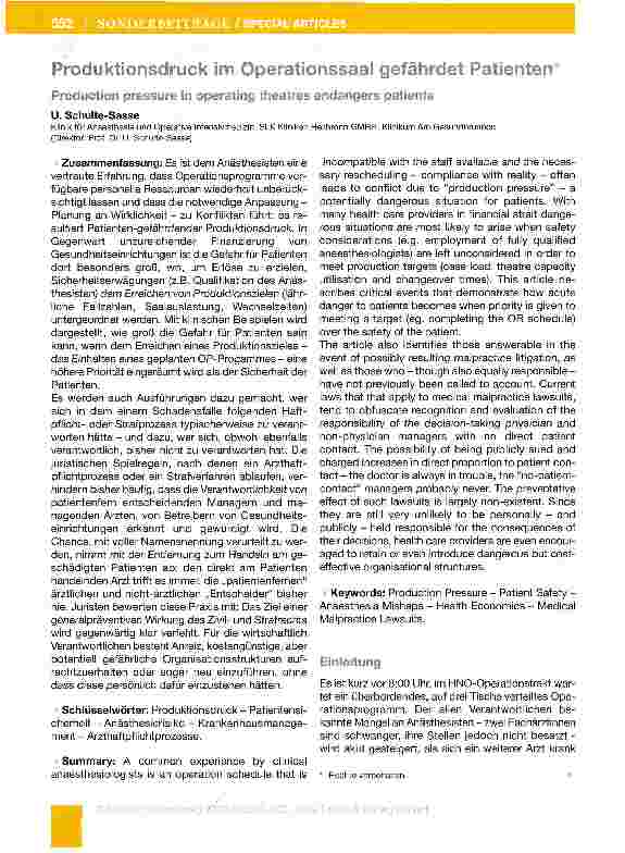 Vorschauseite 1: Produktionsdruck im Operationssaal gefährdet Patienten