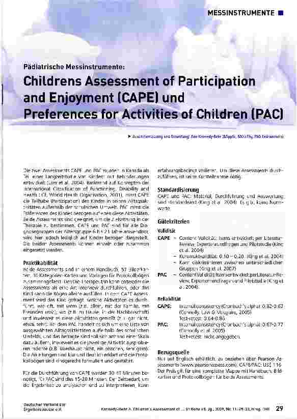 Vorschauseite 1: Childrens Assessment of Participation and Enjoyment (CAPE) und Preferences for Activities of Children (PAC)