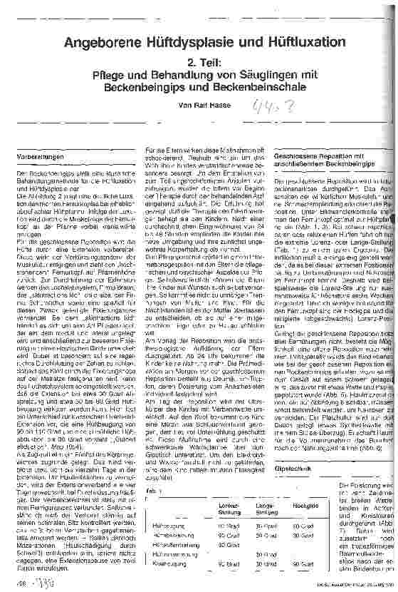 Vorschauseite 1: Angeborene Hüftdysplasie und Hüftluxation 2. Teil: Pflege und Behandlung von Säuglingen mit Schale und Gips