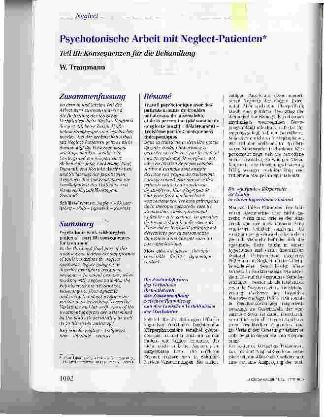 Vorschauseite 1: Psychotonische Arbeit mit Neglect-PatientenTeil III: Konsequenzen för die Behandlung