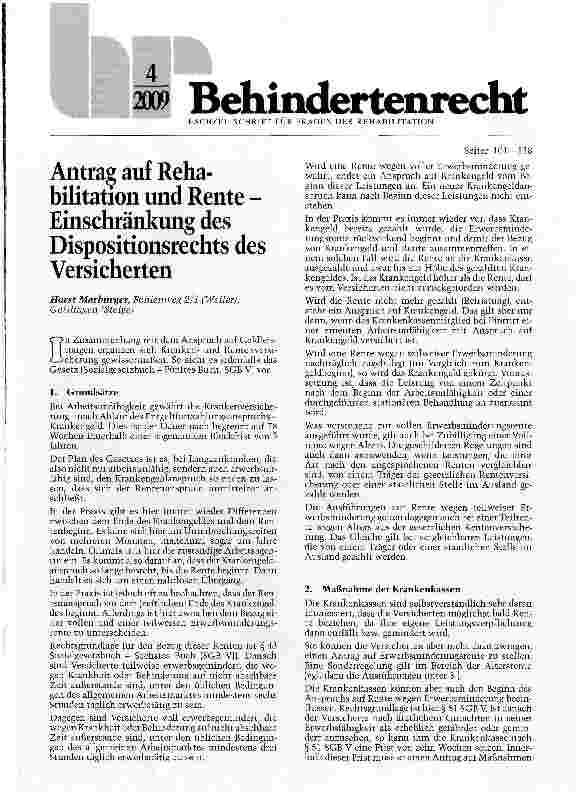 Vorschauseite 1: Antrag auf Rehabilitation und Rente -Einschränkung des Dispositionsrechts des Versicherten