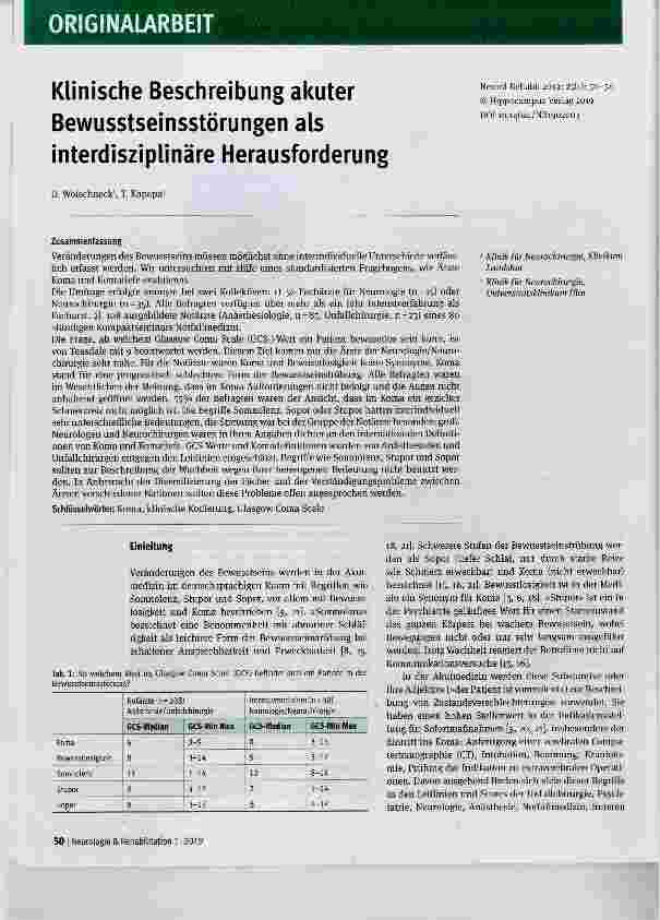 Vorschauseite 1: Klinische Beschreibung akuter Bewusstseinsstörungen als interdisziplinäre Herausforderung