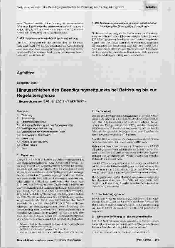 Vorschauseite 1: Hinausschieben des Beendigungszeitpunkts bei Befristung bis zur Regelaltersgrenze