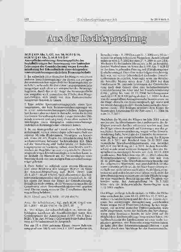 Vorschauseite 1: BGB § 839 Abs. 1; GG Art. 34; SGB I § 14;SGB VI § 43 Abs. 2; SGB XII § 41 Amtspflichtverletzung: Beratungspflicht des Sozialhilfeträgers bei Beantragung von laufenden Leistungen d…