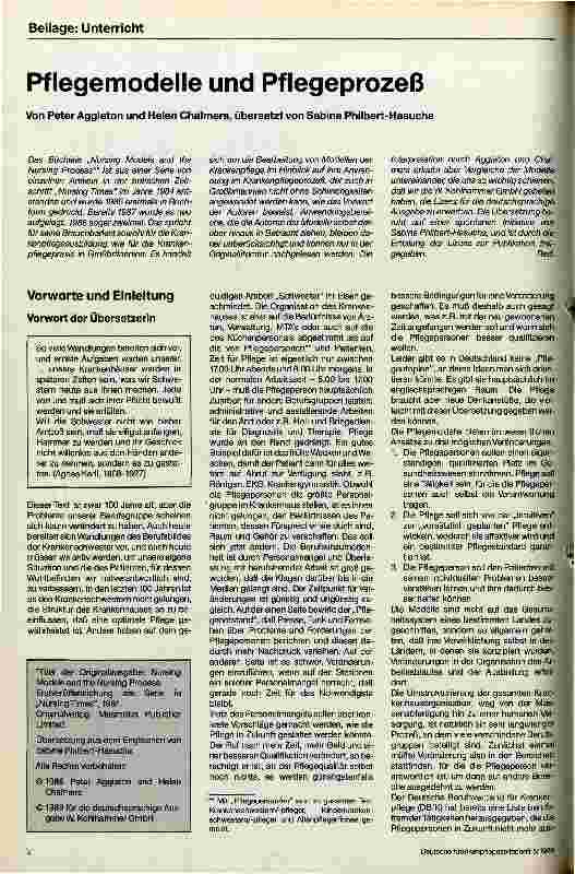 Vorschauseite 1: Pflegemodelle und Pflegeprozeß Beilage Dokumentation Ausund Fortbildung