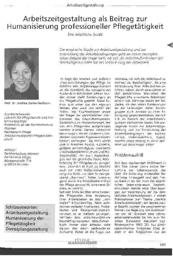 Vorschauseite 1: Arbeitszeitgestaltung als Beitrag zur Humanisierung professioneller Pflegetätigkeit