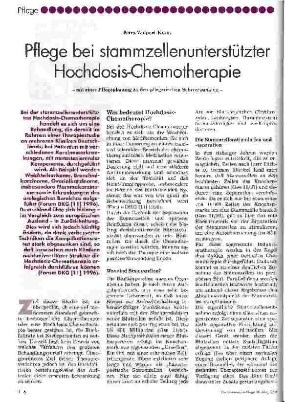Vorschauseite 1: Pflege bei Stammzellenunterstützter Hochdosis-Chemotherapie mit einer Plegeplanung zu den pflegerischen Schwerpunkten