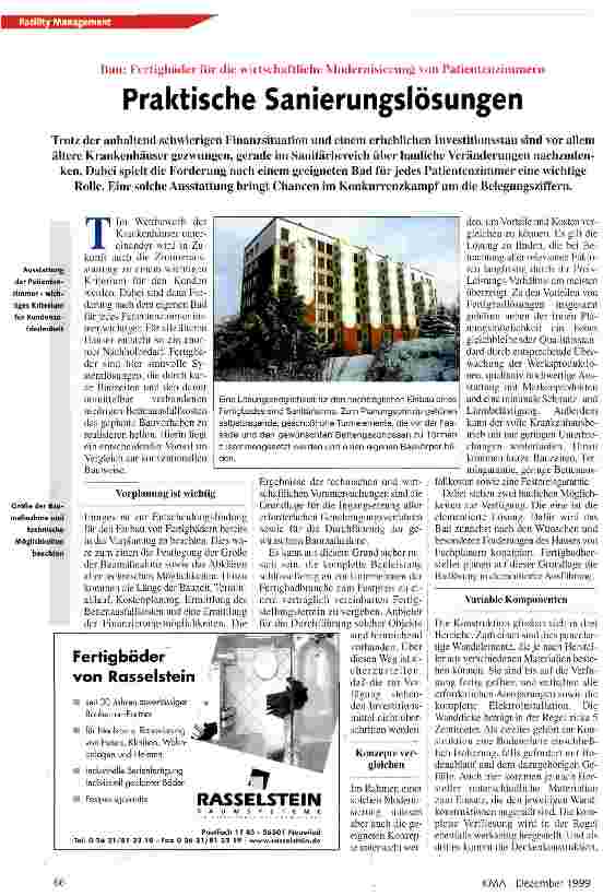 Vorschauseite 1: Praktische Sanierungslösungen Bau: Fertigbäder für die wirtschaftliche Modernisierung von Patientenzimmern