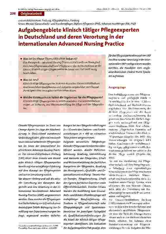 Vorschauseite 1: Aufgabengebiete klinisch tätiger Pflegeexperten in Deutschland und deren Verortung in der internationalen Advanced Nursing Practice