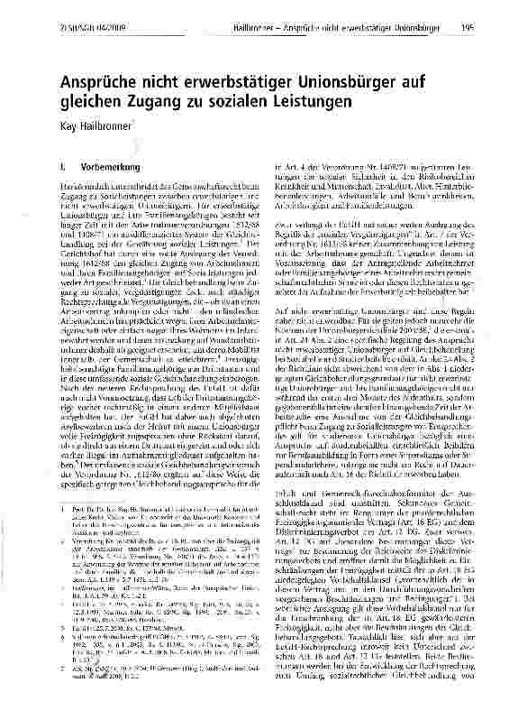 Vorschauseite 1: Ansprüche nicht erwerbstätiger Unionsbürger auf gleichen Zugang zu sozialen Leistungen