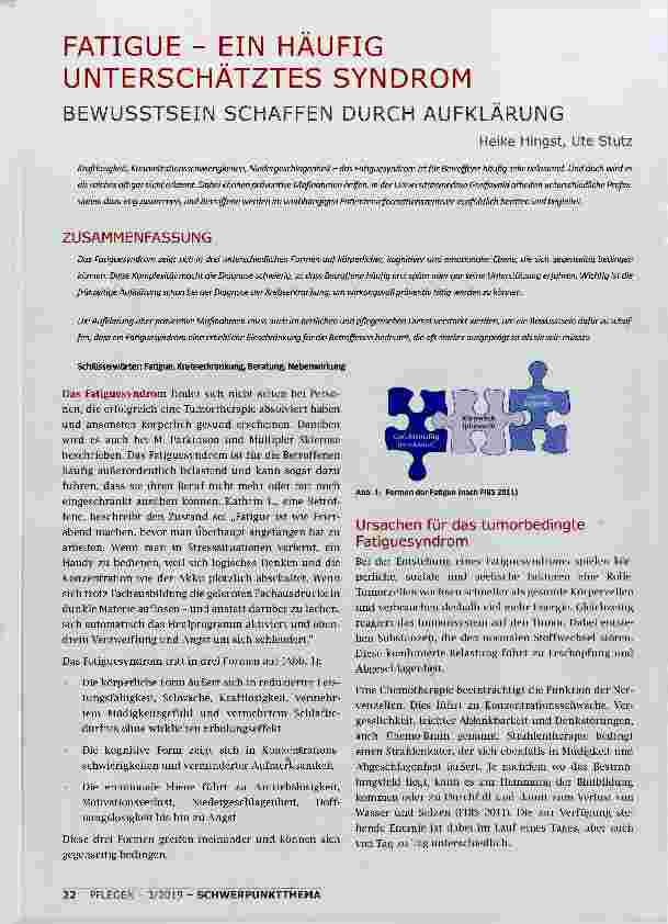 Vorschauseite 1: FATIGUE - EIN HÄUFIG UNTERSCHÄTZTES SYNDROM BEWUSSTSEIN SCHAFFEN DURCH AUFKLÄRUNG