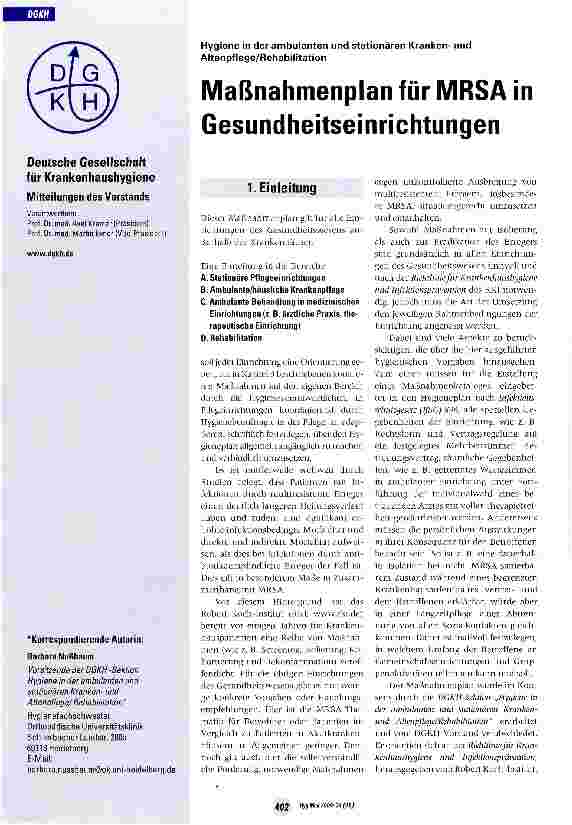Vorschauseite 1: Maßnahmenplan für MRSA in Gesundheitseinrichtungen