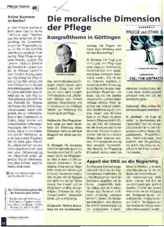 Vorschauseite 1: Die moralische Dimension der Pflege Kongreßthema in Göttingen