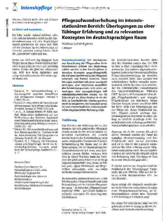 Vorschauseite 1: Pflegeaufwandserhebung im intensivstationären Bereich: Überlegungen zu einer Tübinger Erfahrung und zu relevanten Konzepten im deutschsprachigen Raum